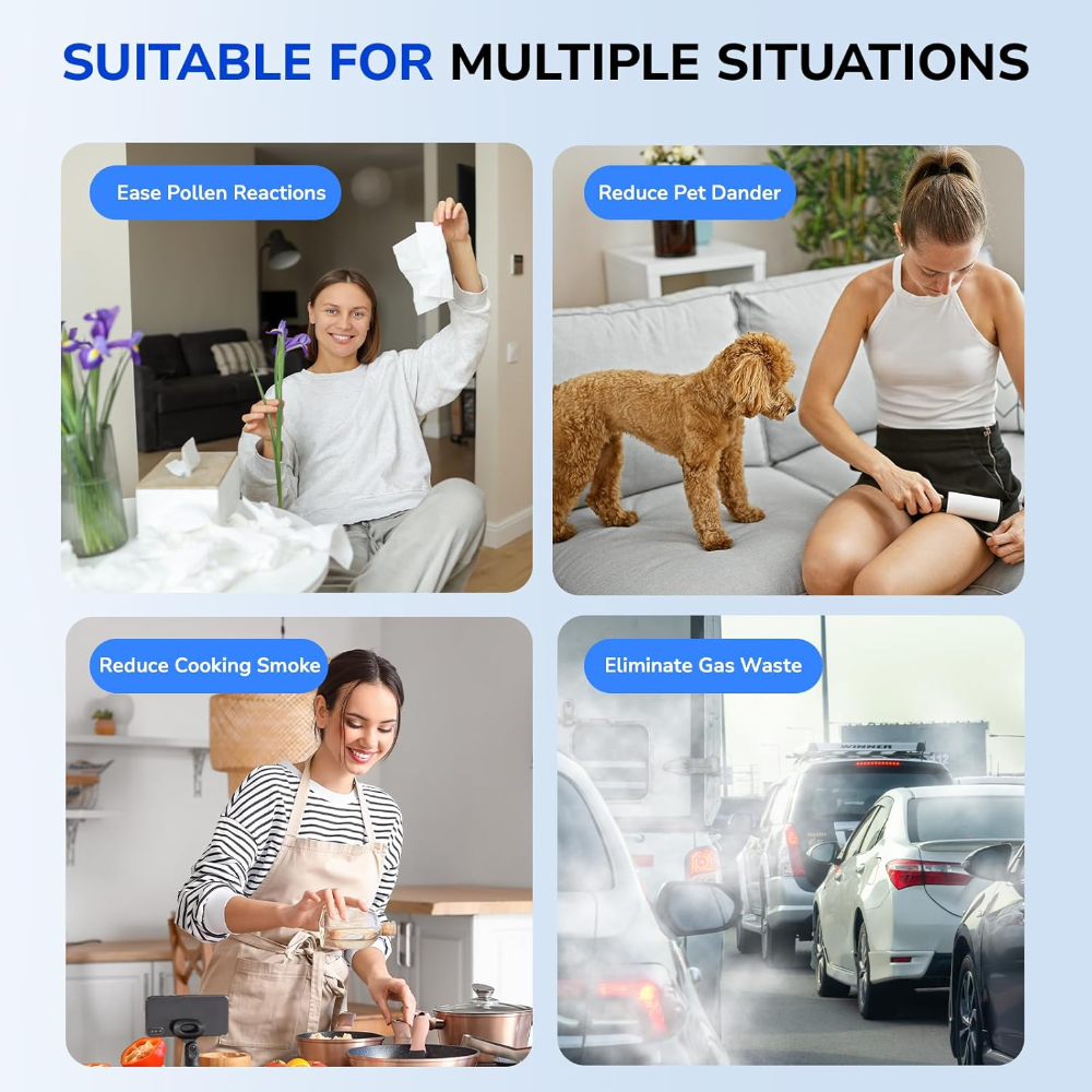 suitable for multiple situations, ease polle reactions, reduce pet dander, cooking smell, and gas waste