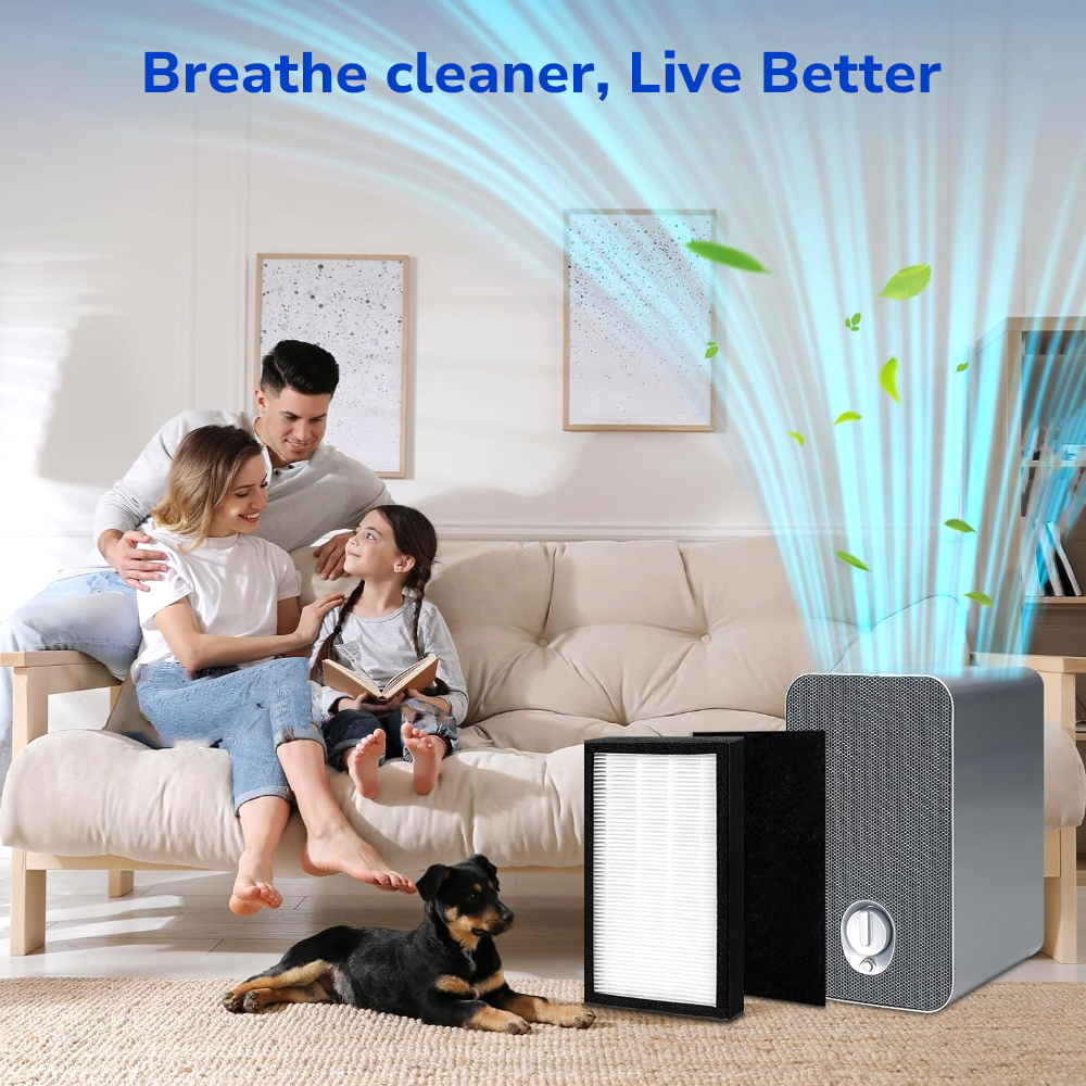 family smiling with their dog in the living room, breathing clean air purified by Fil-Fresh FLT4100 Replacement Filter E