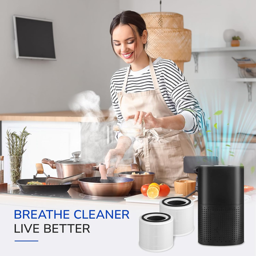 a woman cooking in the kitchen, with cleaner, healthy air purified by Fil-Fresh Air Purifier Filter Replacement