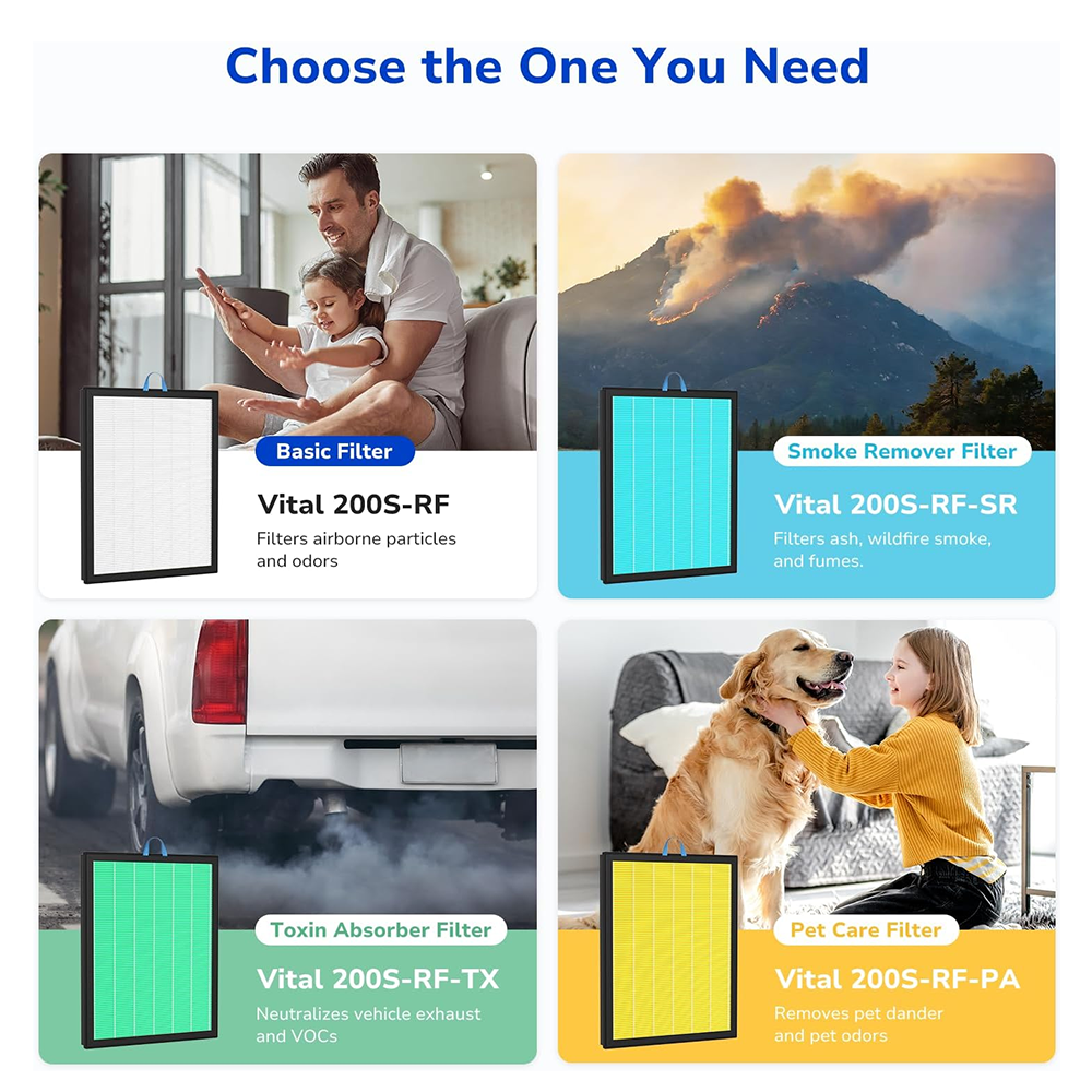 4 options - basic filter, smoke remover filter, toxin absorber filter, and pet care filter