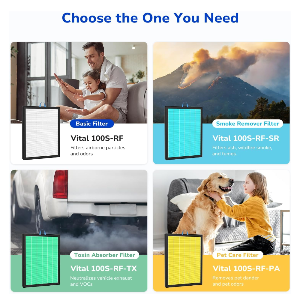 4 options - basic filter, smoke remover filter, toxin absorber filter, and pet care filter