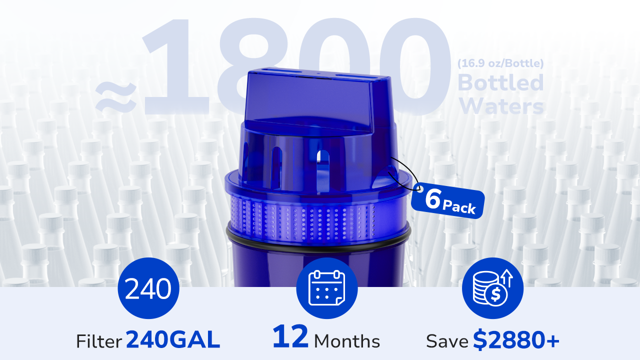 6-pack of Fil-Fresh pitcher water filter replacement providing 12 months or 240 gallons of clean water, replacing 1800 plastic bottles and saving over $2,880
