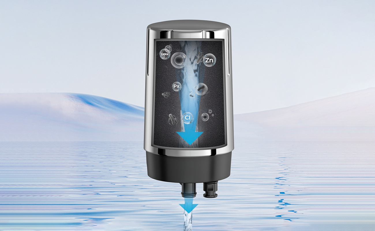 Cross-sectional diagram of Fil-Fresh faucet water filter featuring coconut shell activated carbon for reducing chlorine and impurities