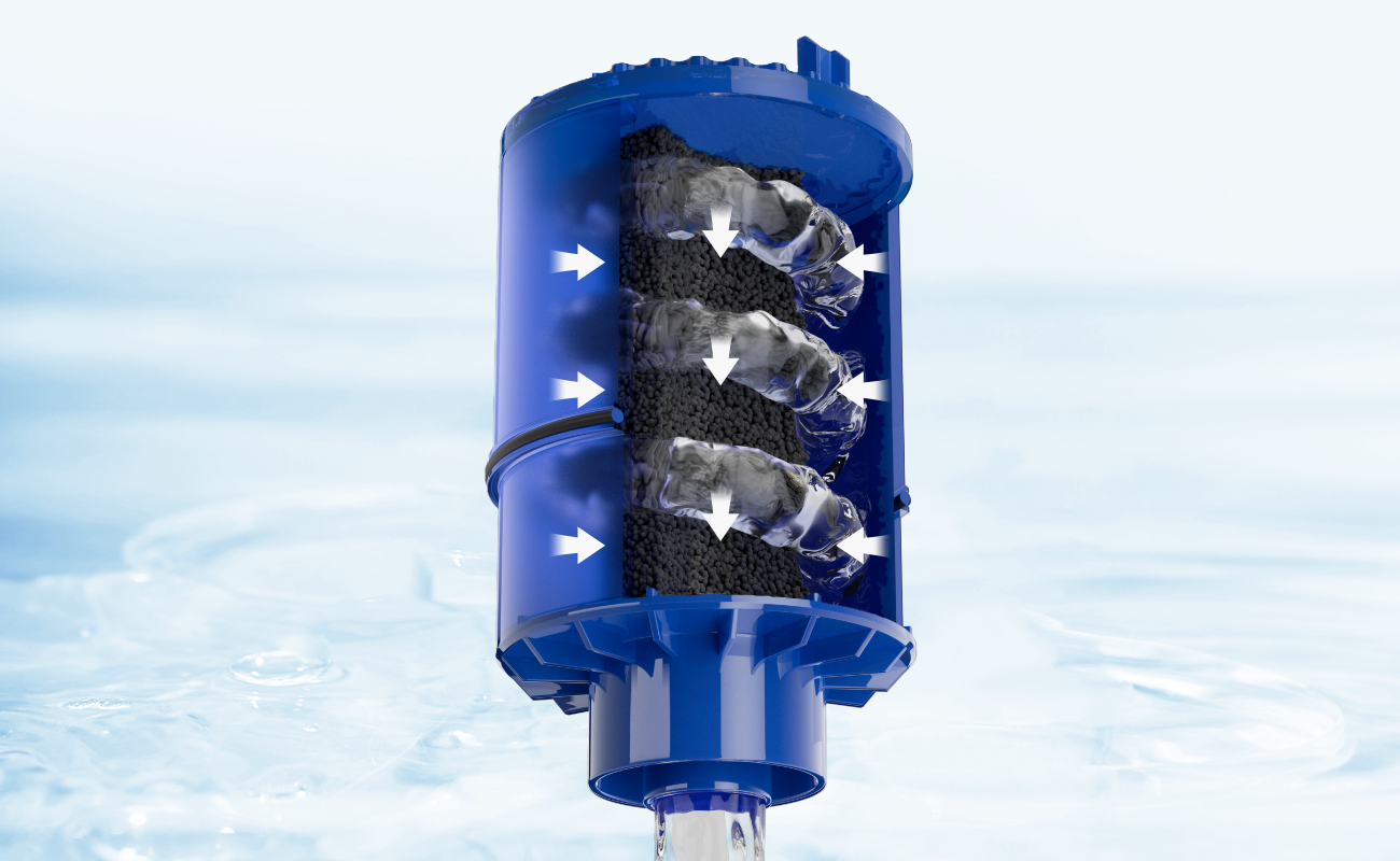 Cross-section of Fil-Fresh faucet water replacement filter with coconut shell carbon block removing chlorine, odor, bad taste, and over 70 impurities