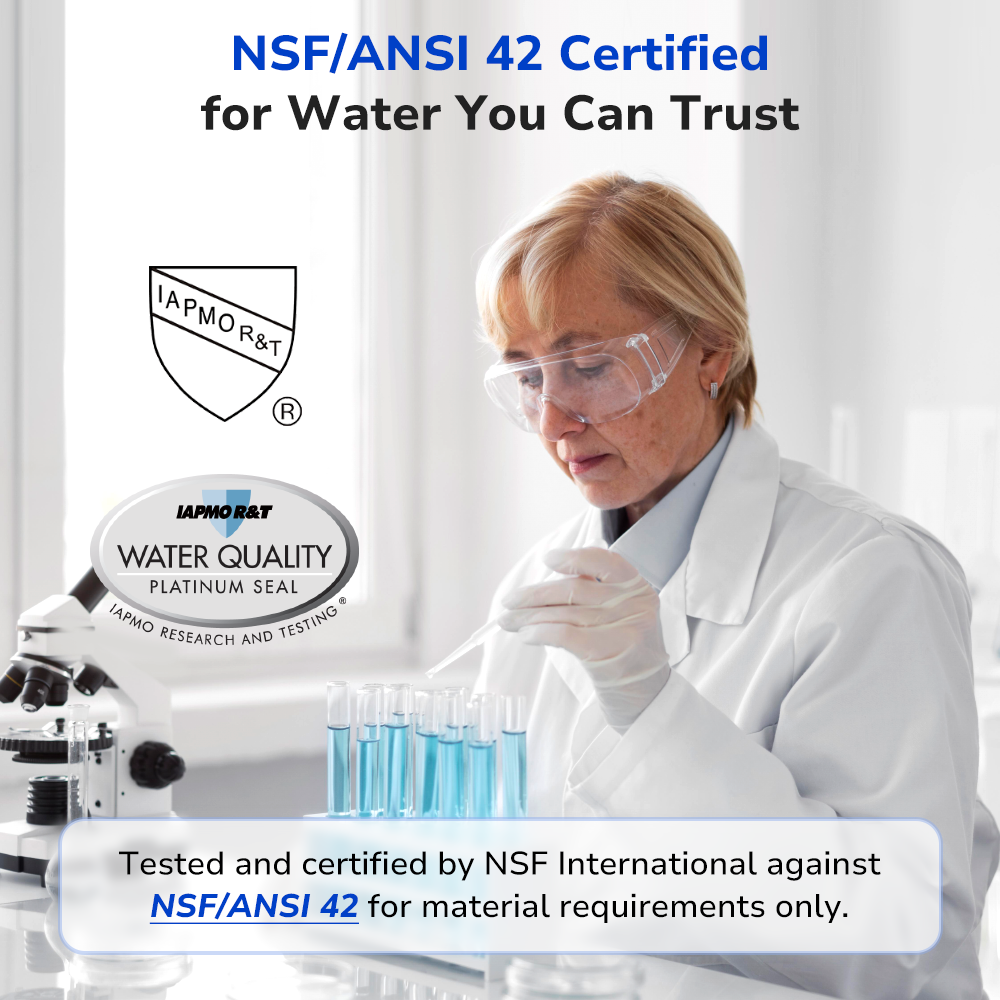 Third-party tested Fil-Fresh pitcher water filter meeting NSF/ANSI 42 standards for safety and chlorine reduction