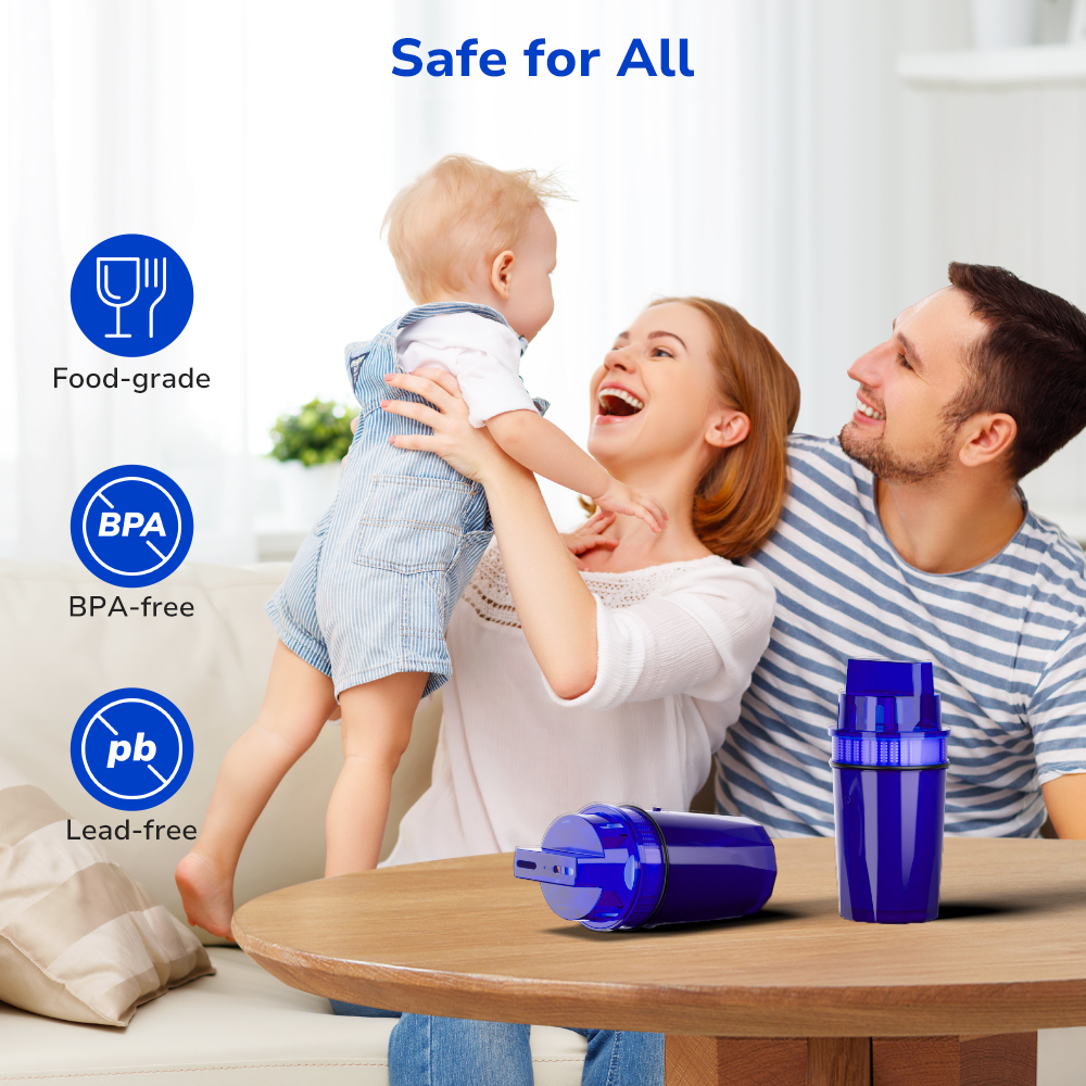 Happy parents smiling at their baby, with icons highlighting food-grade, BPA-free, and lead-free material for safe drinking water