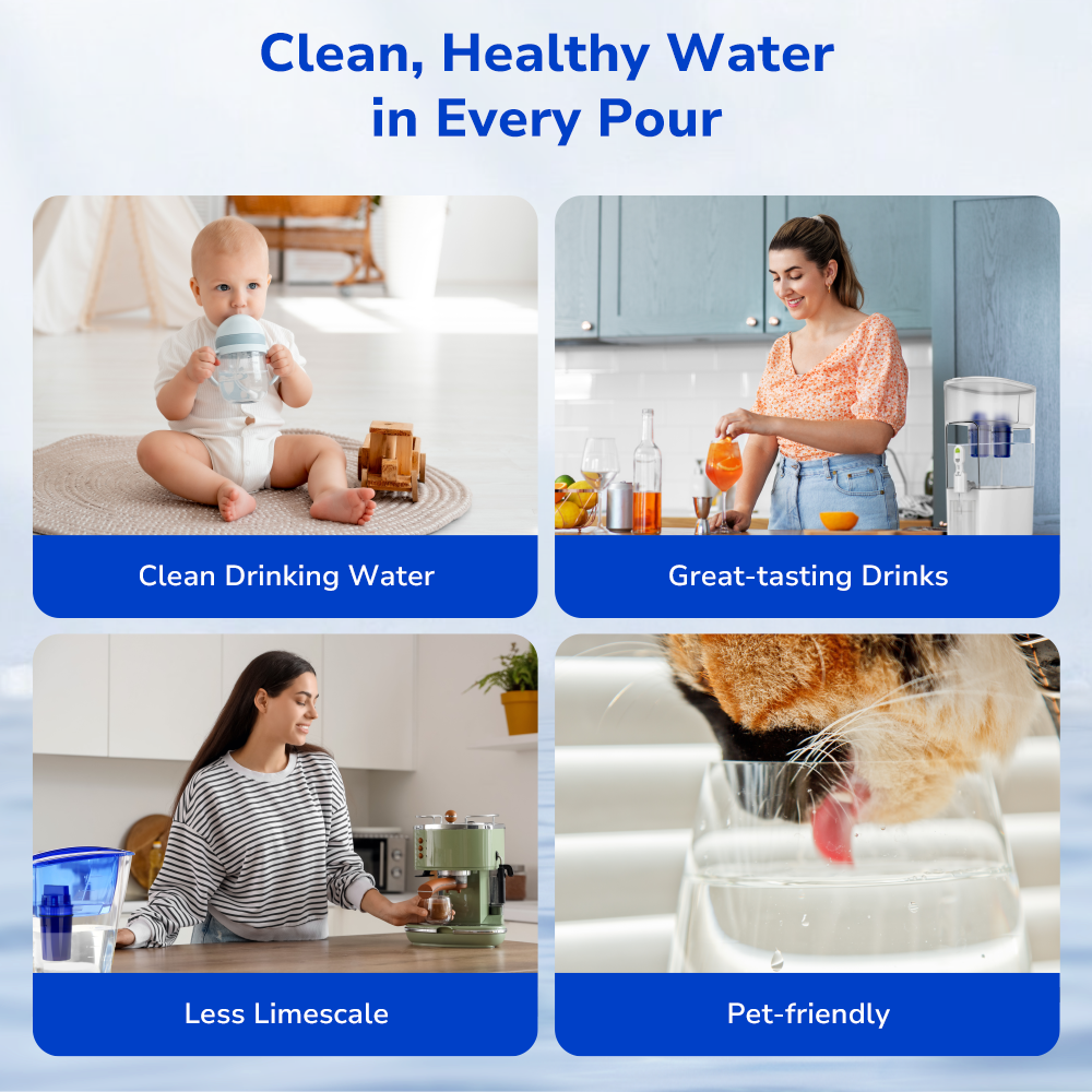 Four scenes showing clean drinking water for family and pets, tasty homemade drinks, and protection against kettle and coffee machine limescale