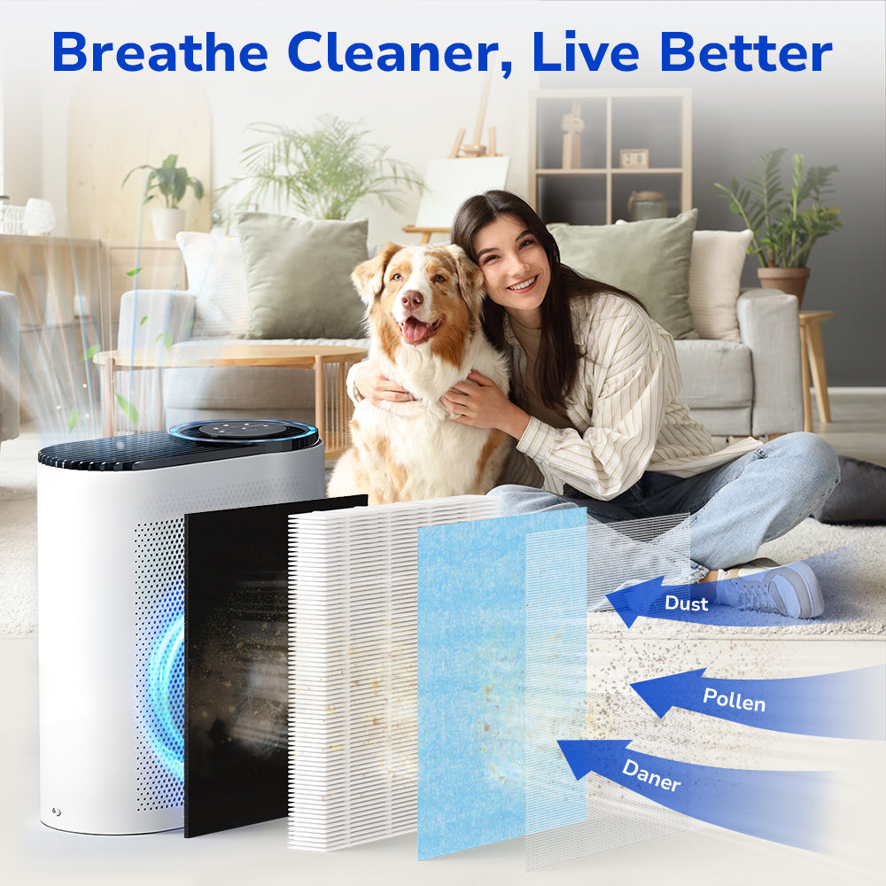 a woman smiling with her dog in the living room, breathing clean air purified by Fil-Fresh MK04 Air Filter Replacement