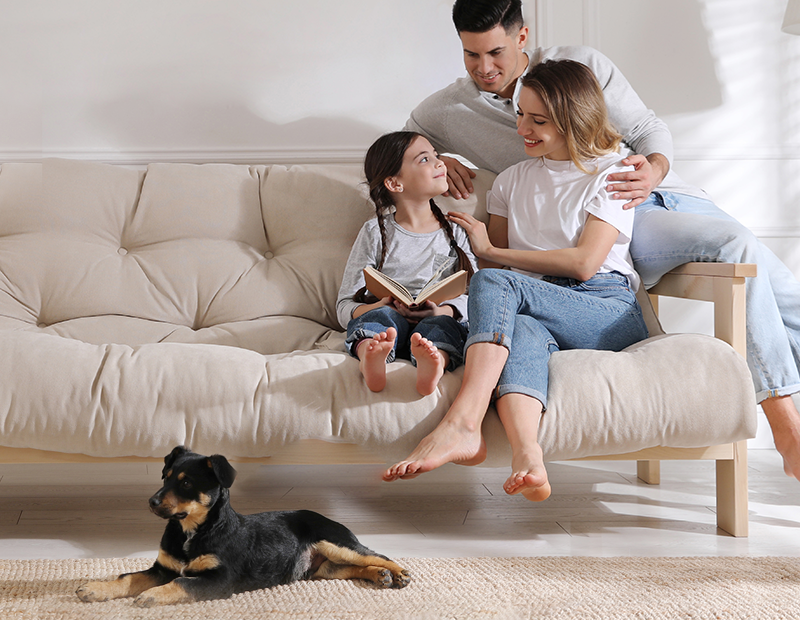 families and dogs having warm and happy moments at home, Fil-Fresh air purifier filter replacement helping keep everything clean and reducing dust.