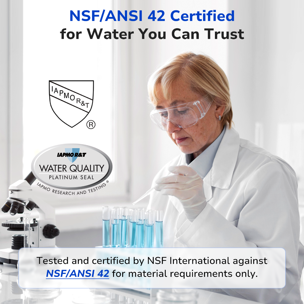 Third-party tested Fil-Fresh faucet water filter replacement meeting NSF/ANSI 42 standards for safety and chlorine reduction