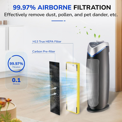 Captures 99.97% of Airborne Particles Down to 0.3 µm, remove dust, pollen, pet dander
