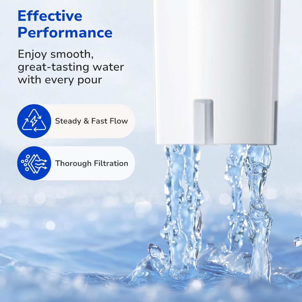 Clear, steady stream of water flowing through the Fil-Fresh pitcher filter