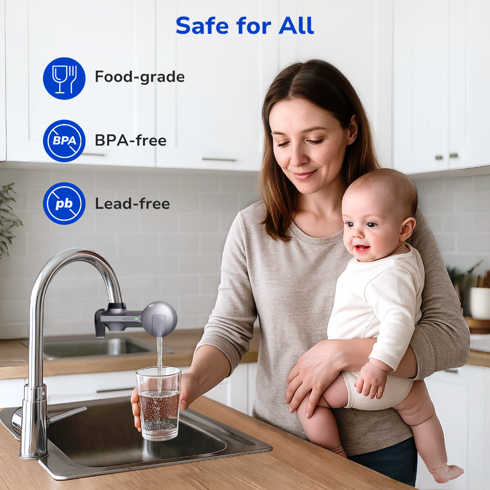 Safe filtered water for mom and baby, with icons highlighting food-grade, BPA-free, and lead-free material