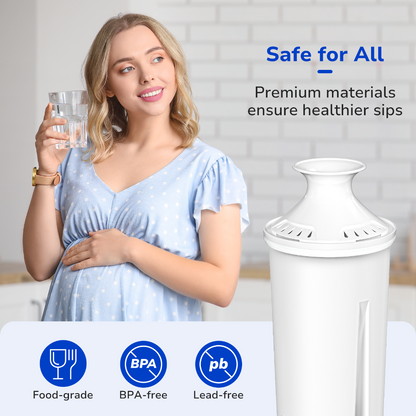 Pregnant woman holding a water glass, with icons highlighting food-grade, BPA-free, and lead-free material for safe drinking water