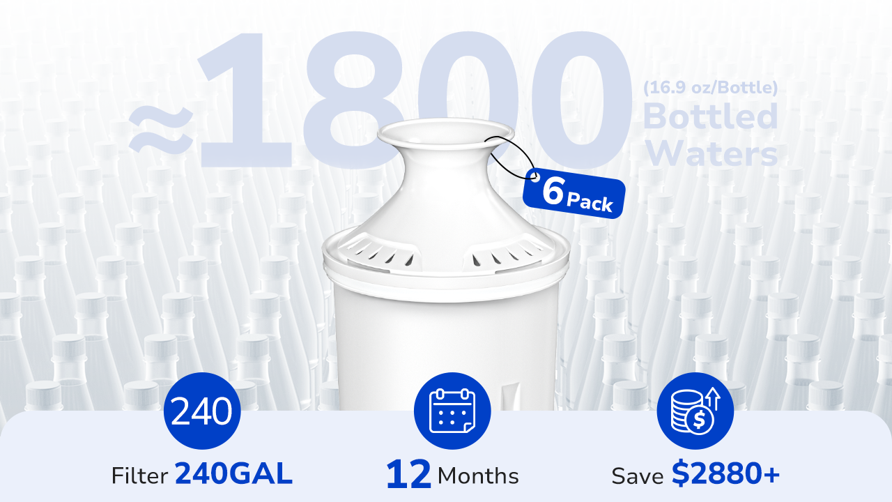 6-pack of Fil-Fresh pitcher water filter replacement providing 12 months or 240 gallons of clean water, replacing 1800 plastic bottles and saving over $2,880