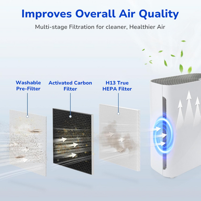 3-in-1 powerful filtration system, pre-filter, H13 true HEPA filter, activated carbon filter  clean air 