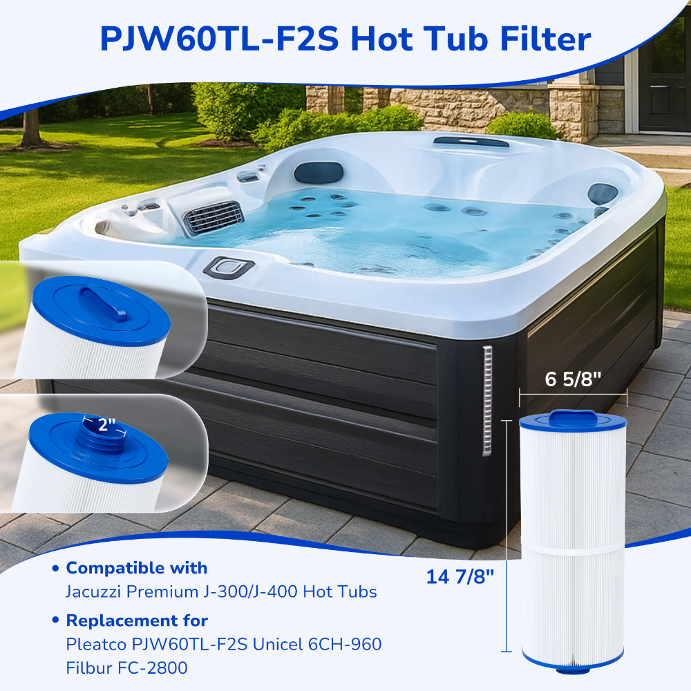 Fil-fresh 6000-383A Hot Tub Filter, Compatible with Jacuzzi J-300, J-400, Spa Filter Replaces Unicel 6CH-960, 6540-476, 6540-383, Pleatco PJW60TL-F2S, Filbur FC-2800, 2-Pack (Handle Not be Removed)