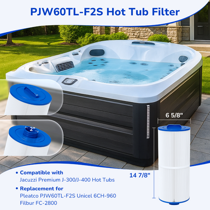 Fil-fresh 6000-383A Hot Tub Filter, Compatible with Jacuzzi J-300, J-400, Spa Filter Replaces Unicel 6CH-960, 6540-476, 6540-383, Pleatco PJW60TL-F2S, Filbur FC-2800, 2-Pack (Handle Not be Removed)